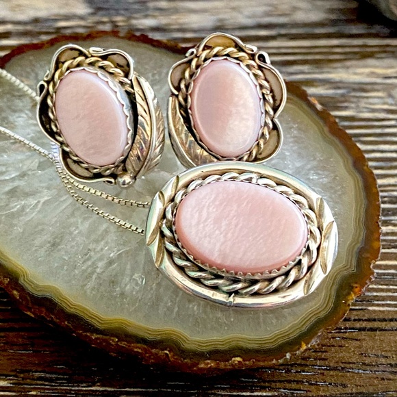 Vintage Pink Shell clip earrings & pin/necklace  Sterling 925 signed - Picture 7 of 11